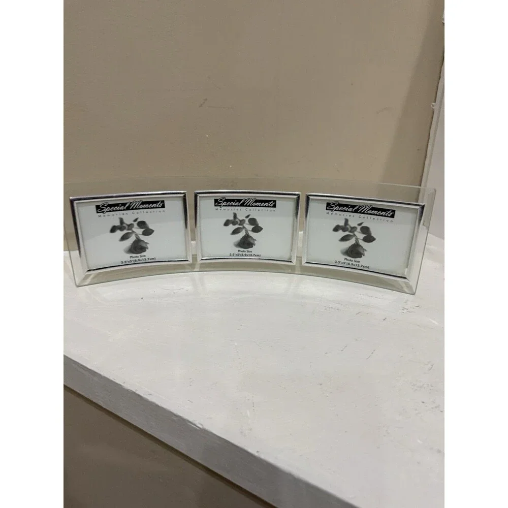 Curved Glass Triple Picture Photo Frame 3.5 x5 Beveled Modern Desk Mantel Decor
